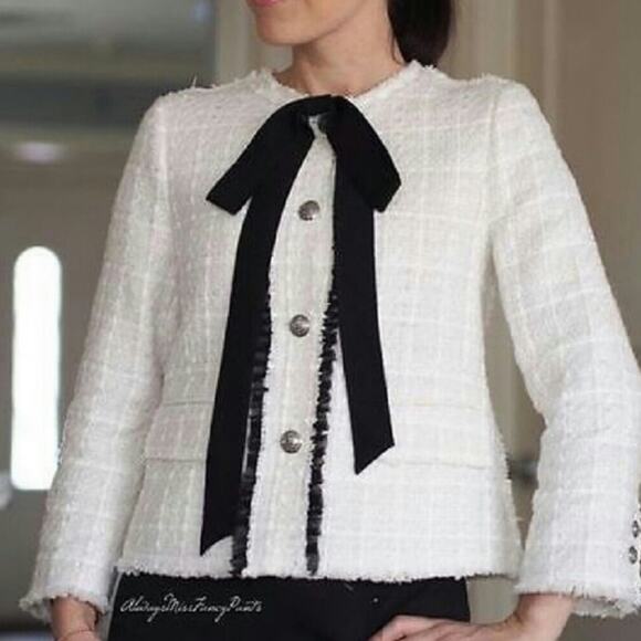 Zara Jackets & Blazers - NWOT Zara White Tweed Black Bow Button Jacket Blazer. Blogger Fave.
